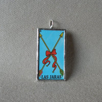 El Corazon, heart, Las Jaras, arrows, Mexican Loteria cards up-cycled to soldered glass pendant 3