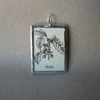 Holly and berries plant, vintage botanical dictionary illustration, upcycled to soldered glass pendant