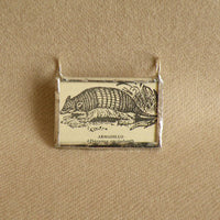 Armadillo, vintage 1940s dictionary illustration, up-cycled to hand-soldered glass pendant