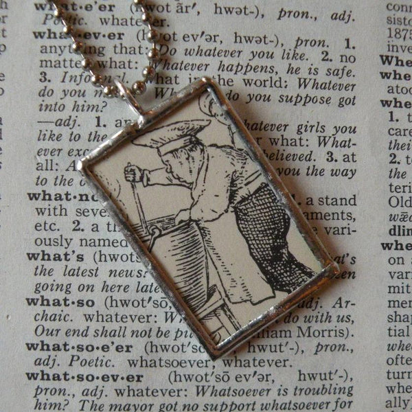 Chef and baker, vintage children's book illustration upcycled to soldered glass pendant