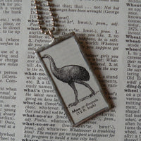 Moa, ostrich, bird, vintage 1940s dictionary illustration upcycled to soldered glass pendant