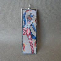 Uncle Sam, 4th of July, vintage fireworks packaging illustration, upcycled to soldered glass pendant