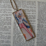 Uncle Sam, 4th of July, vintage fireworks packaging illustration, upcycled to soldered glass pendant