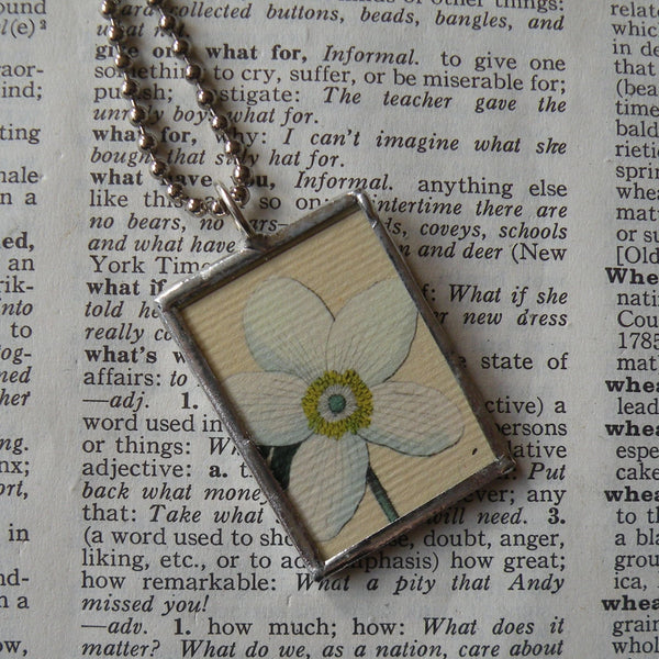 White anemone flower, vintage botanical illustration, upcycled to soldered glass pendant