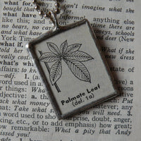 Palmate leaf structure, vintage botanical dictionary illustration, up-cycled to soldered glass pendant