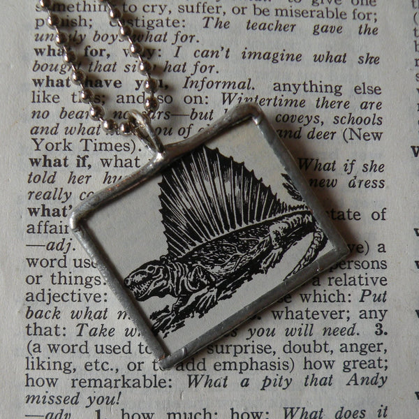 Pelycosaur Dinosaur, vintage dictionary illustration, up-cycled to soldered glass pendant
