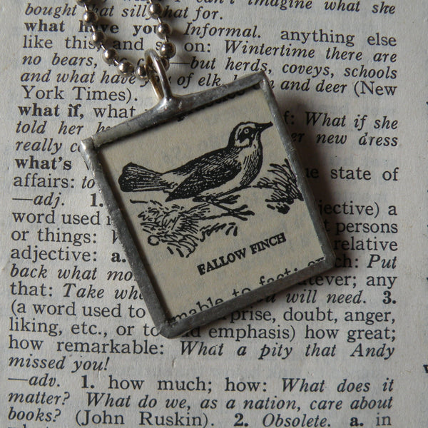 Fallow Finch Bird, vintage 1940s dictionary illustration upcycled to soldered glass pendant