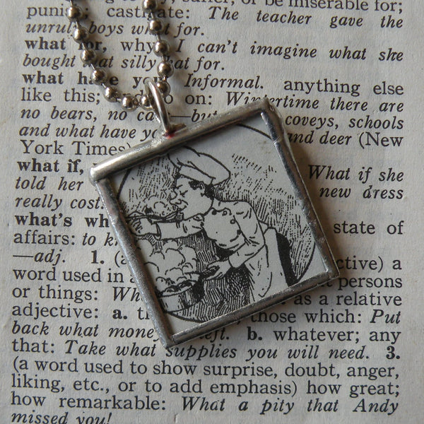 Little Chef, cooks, vintage children's book illustration upcycled to soldered glass pendant