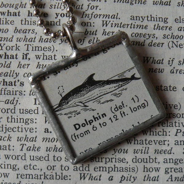 Dolphin, vintage 1940s dictionary illustration, up-cycled to hand soldered glass pendant