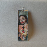 Jesus with Sacred Heart, Saint vintage folk art paintings, upcycled to soldered glass pendant