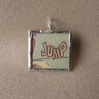 JUMP! onomatopoeia, vintage comic book illustration, upcycled to soldered glass pendant
