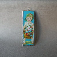 Boy & Girl, vintage early 20th century die cut ephemera, up-cycled to soldered glass pendant