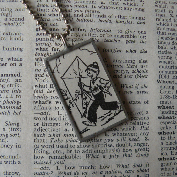 Boy with Kite, Elephant, vintage 1930s children's book illustrations up-cycled to soldered glass pendant
