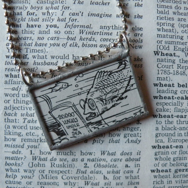 Funny fish, bear at the zoo, vintage children's book illustrations, up-cycled to hand-soldered glass pendant