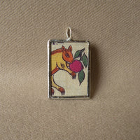 Squirrel, Lion, folk art weaving, upcycled to soldered glass pendant