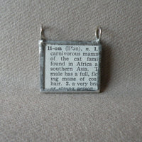 Lion, vintage 1940s dictionary illustration, up-cycled to hand-soldered glass pendant