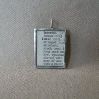 Medieval Lute, vintage 1930s dictionary illustration, upcycled to soldered glass pendant