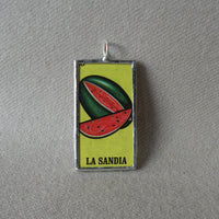 La Sandia, Watermelon, El Melon, Cantelope, Mexican loteria cards up-cycled to soldered glass pendant 1