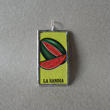 La Sandia, Watermelon, El Melon, Cantelope, Mexican loteria cards up-cycled to soldered glass pendant