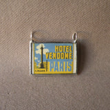 Paris France, Eiffel Tower, hand-soldered glass pendant, vintage travel poster illustrations,  upcycled to soldered glass pendant