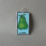 La Pera, pear, El Paraguas, umbrella, Mexican loteria cards up-cycled to soldered glass pendant