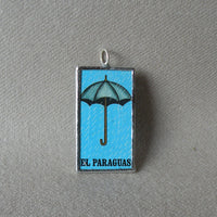 La Pera, pear, El Paraguas, umbrella, Mexican loteria cards up-cycled to soldered glass pendant 2