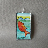 El Camaron, shrimp, El Pescado, fish , Mexican loteria cards up-cycled to soldered glass pendant 3