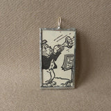 Lion playing trumpet, boy with pie, vintage children's book illustrations, soldered glass pendant