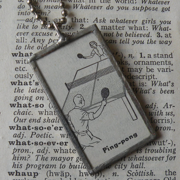 Ping pong, table tennis, vintage dictionary illustration, hand-soldered glass pendant