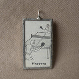 Ping pong, table tennis, vintage dictionary illustration, hand-soldered glass pendant