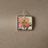 Pink and yellow flowers, botanical illustrations, 2-sided,  hand-soldered glass pendant