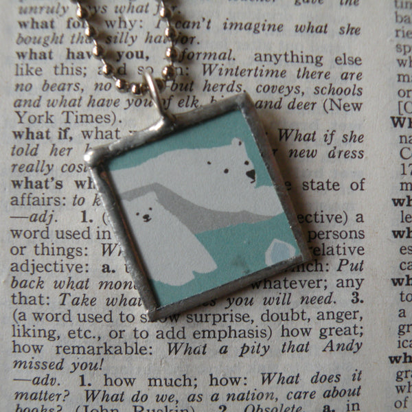 Polar Bear, charming Japanese illustrations, up-cycled to hand-soldered glass pendant