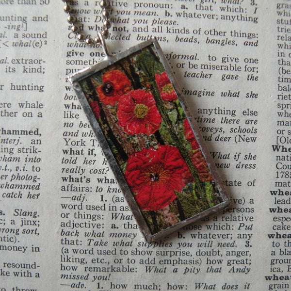 Red poppy, oriental poppy, vintage book illustrations up-cycled to soldered glass pendant