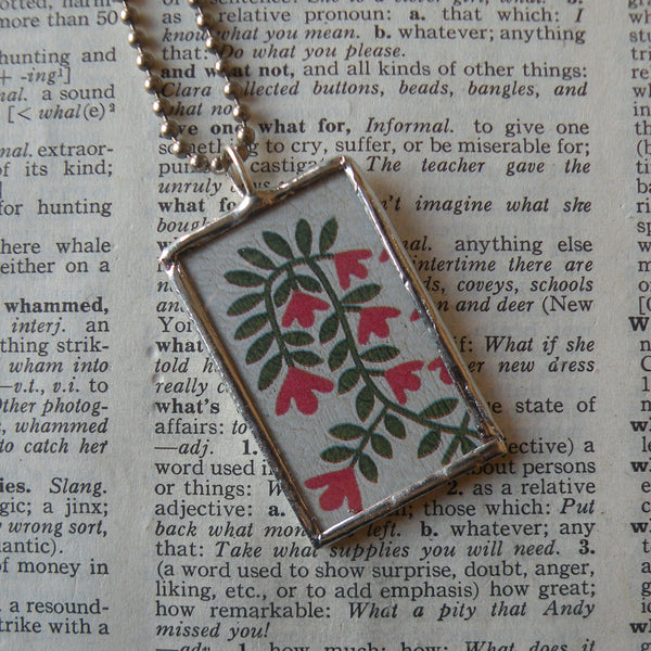 Antique quilt with floral design, American folk art image upcycled to 2-sided hand soldered glass pendant