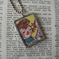Raggedy Ann, original vintage 1950s book illustrations, upcycled to soldered glass pendant