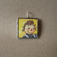 Raggedy Ann, mouse, original vintage 1950s book illustrations, upcycled to soldered glass pendant