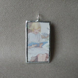Girls reading books, vintage children's book illustrations up-cycled to soldered glass pendant