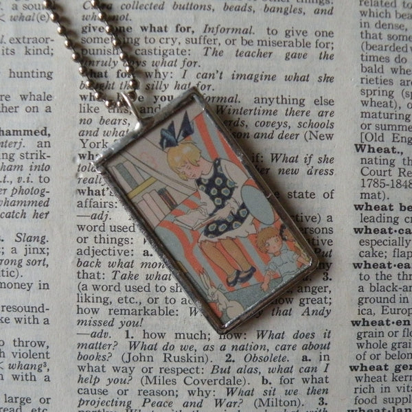 Girls reading books, vintage children's book illustrations up-cycled to soldered glass pendant