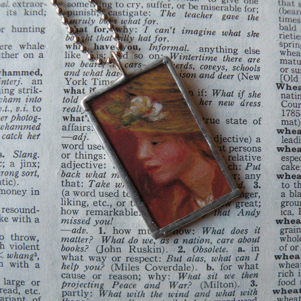 Renoir, Dancers, woman in straw hat, French impressionist paintings, hand soldered glass pendant