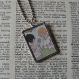 Girls with flower and teddy bear, vintage children's book illustrations up-cycled to soldered glass pendant
