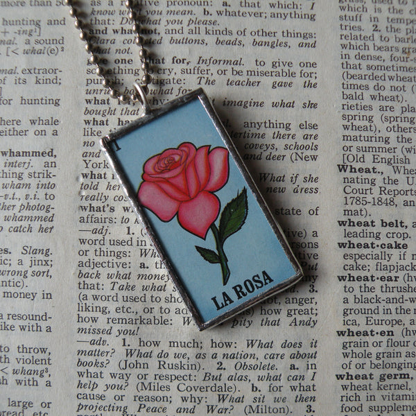 La Rosa, rose, La Macheta, flower pot, Mexican Loteria cards up-cycled to soldered glass pendant 3