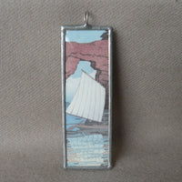 Japanese woodblock print, sailboat on lake scene, up-cycled to soldered glass pendant