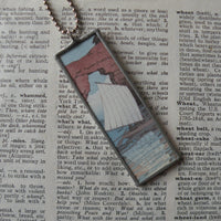 Japanese woodblock print, sailboat on lake scene, up-cycled to soldered glass pendant