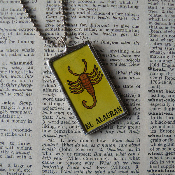El Alacran scorpion, El Nopal cactus, Mexican loteria cards up-cycled to soldered glass pendant