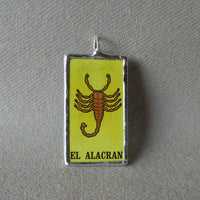 El Alacran scorpion, El Nopal cactus, Mexican loteria cards up-cycled to soldered glass pendant 3
