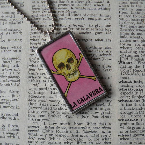 La Calavera, La Muerte, Mexican Loteria cards up-cycled to soldered glass pendant