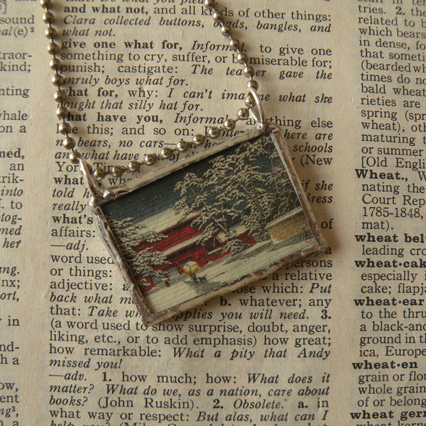 Japanese Woodblock Print, temple in snow, bridge, upcycled to soldered glass necklace