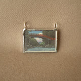 1Japanese Woodblock Print, temple in snow, bridge, upcycled to soldered glass necklace
