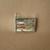 Japanese Woodblock Print, temple in snow, bridge, upcycled to soldered glass necklace