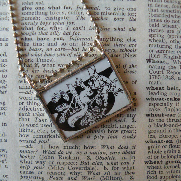 Little gnome and squirrel, vintage children's book illustrations, hand-soldered glass pendant